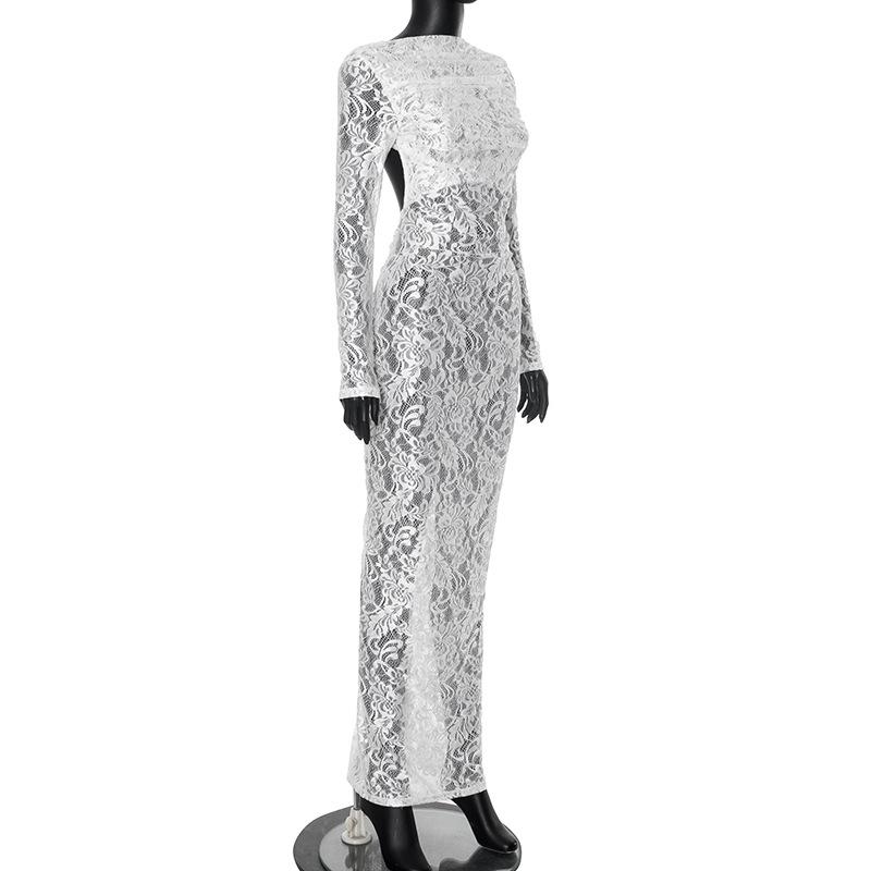 Backless Lace Floral Sheer Slimming Long Sleeve Street Style Dress