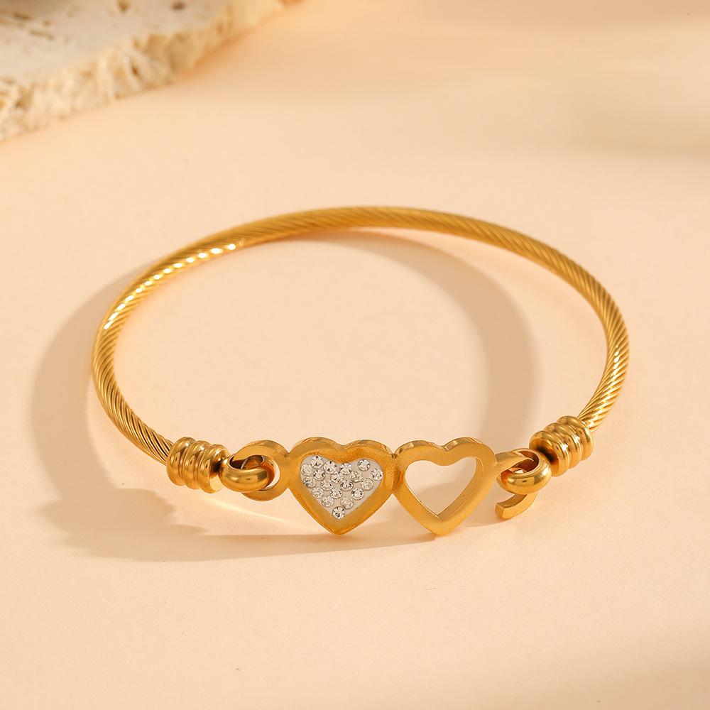 Retro Personality Evil Eye Micro Inlay Zircon Double Heart Bangles for Women Gold Color Stainless Steel Twist Bracelet Jewelry