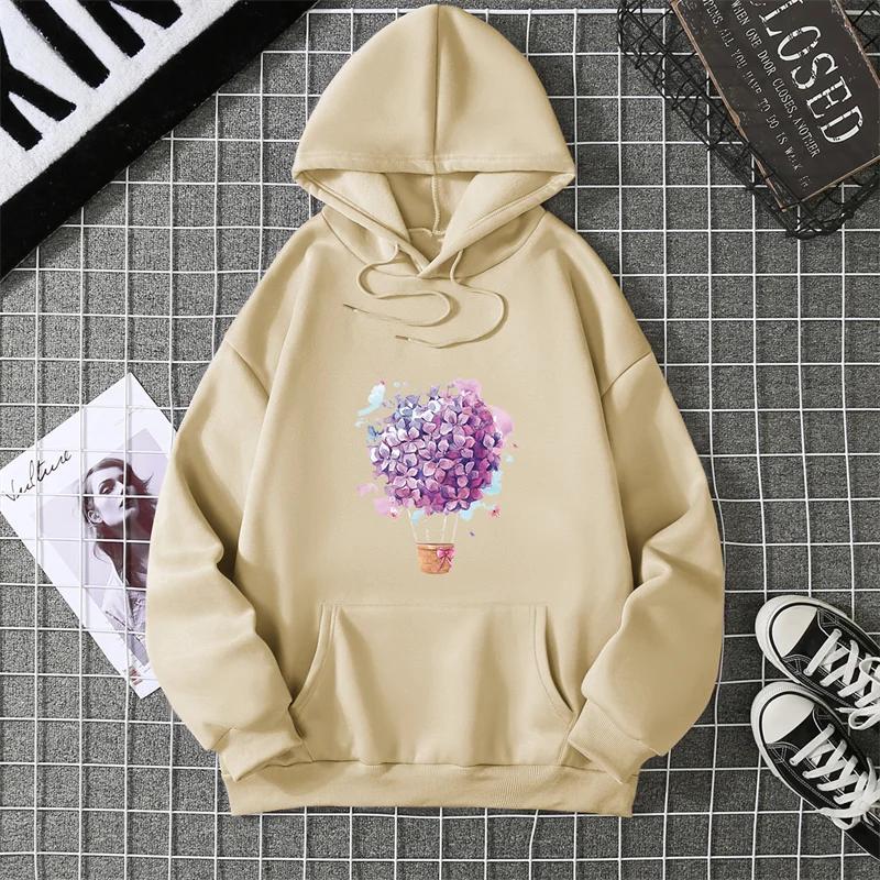 Fashion Balloon Cherry Blossoms Women Hooded Sweatshirt Funny Printed Hoodie Female Long Sleeve Harajuku Shirts Cartoon Casual