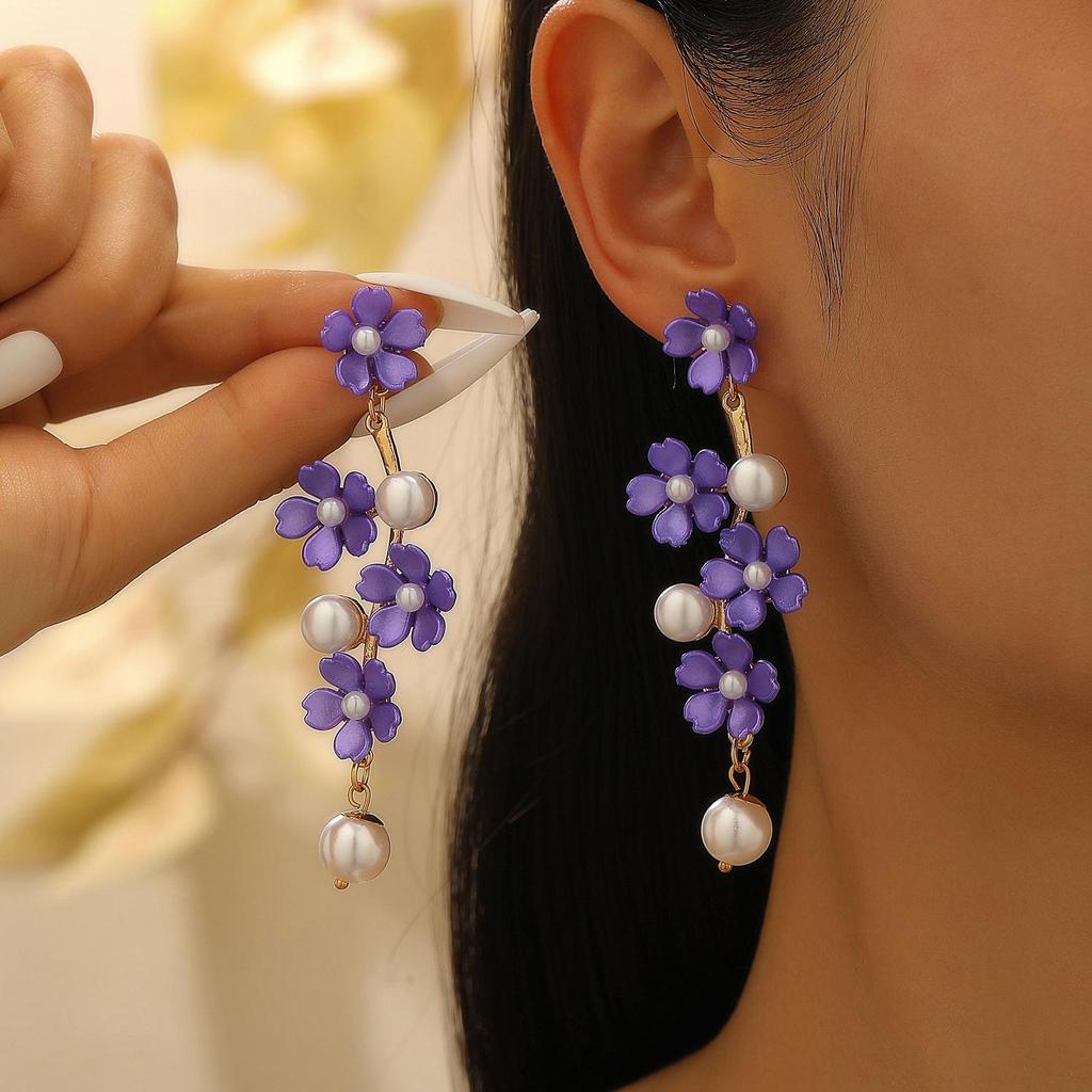 Romance Bohème Mode Fée Princesse Style Perle d'Imitation Longue Perle Fleur Pendentif Élégantes Boucles d'Oreilles Pour Femmes