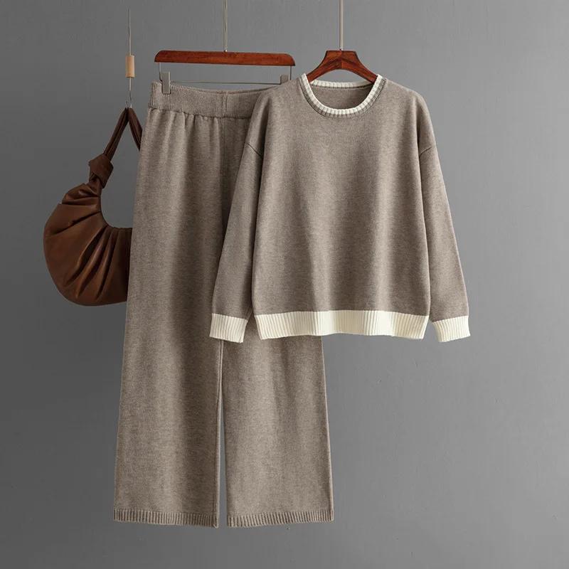 Europe America 2024 Autumn Winter New Contrasting Color Round Neck Knitted Sweater Wide Leg Pants 2 Piece Sets Womens Outfits