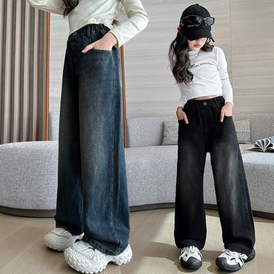High Quality Girls Jeans Vintage Denim Wide Leg Pants Kids Clothing Children Casual Solid Trousers For Teenager Clothes