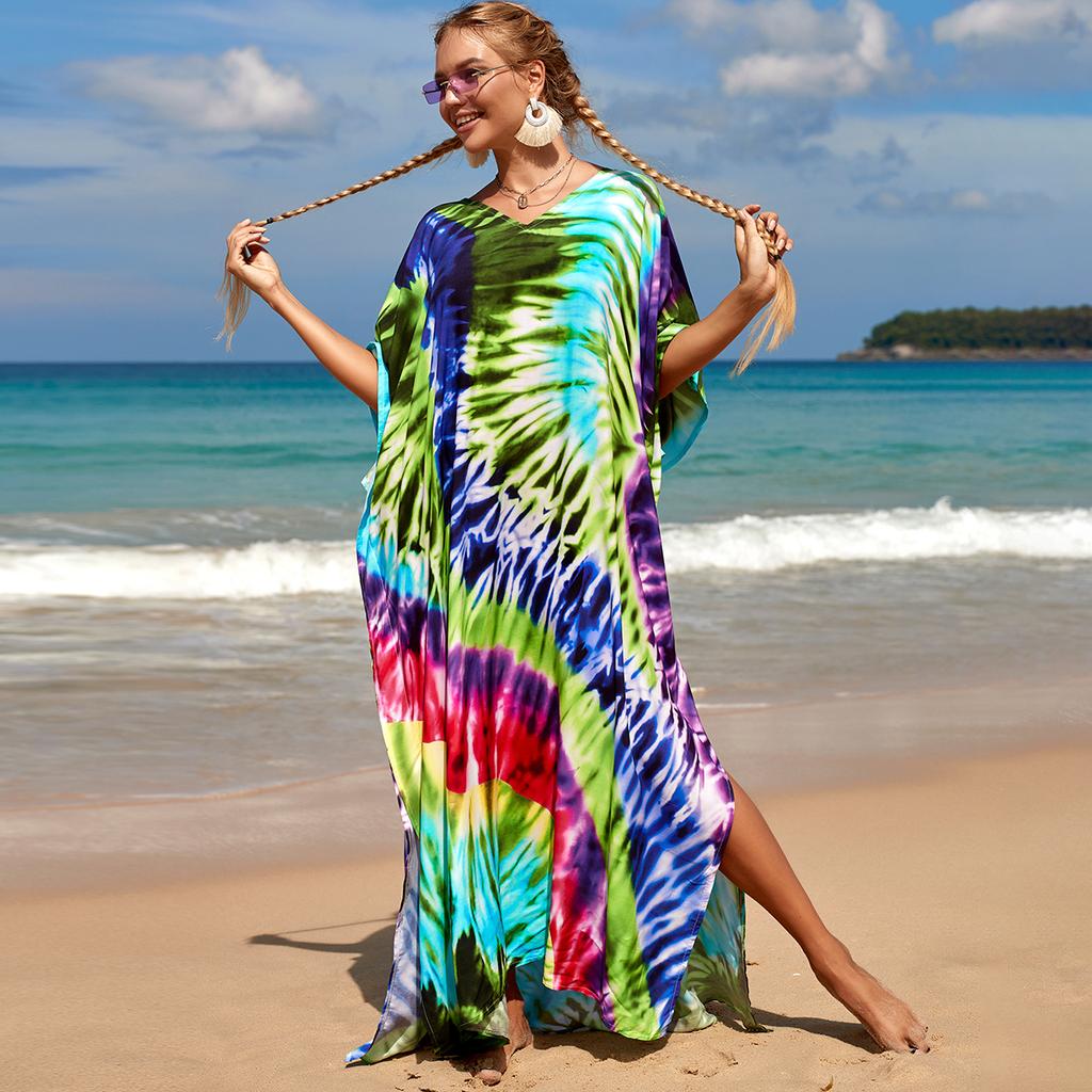 EDOLYNSA Mitmevärviline Kaftani Bohemian trükitud V-kaelusega Batwing Sleeve Maxi Kleit Naiste Rannarõivad Poole varrukaga Maxi Kleit Rüü Q1342
