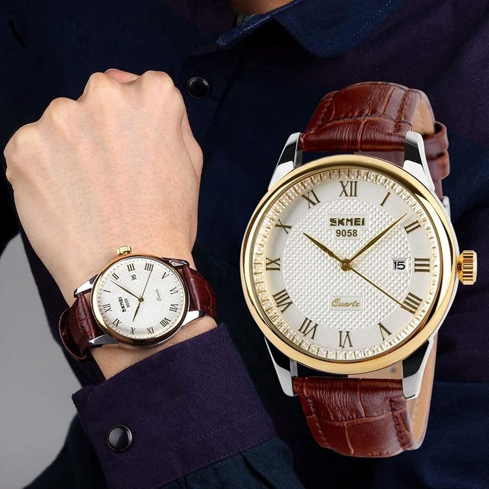 Men's Brown Leather Strap Quartz Analog Watch Waterproof Classic Casual Lightweight Date Display