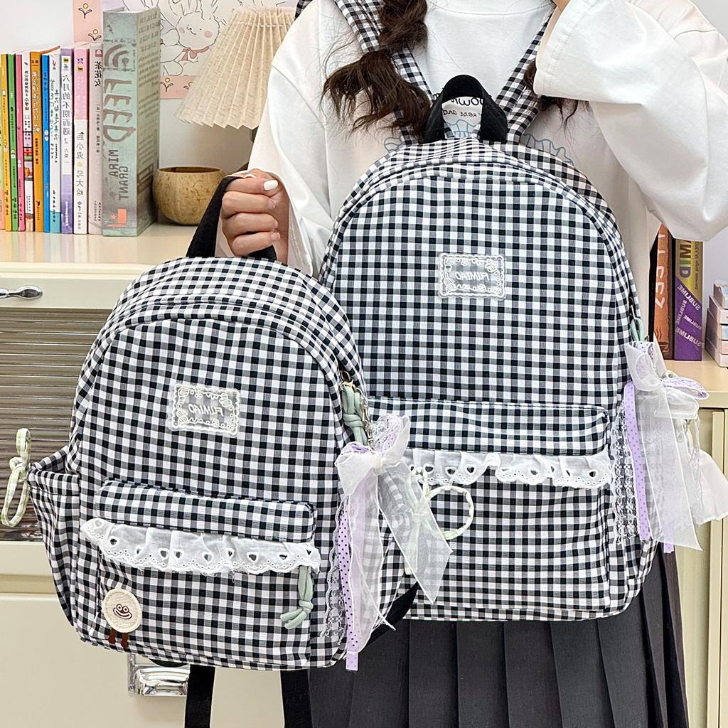 Schoolbag New Campus School Bag Female Korean ins Simple Plaid Backpack High School Student Large Capacity Travel Backpack