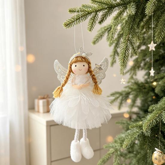 Fairy Tale Ornaments Angel Doll Pendant with Lace Mesh Skirt And Glitter Wings, Decorative Elegant Party Favors Christmas Tree Hanging Ornament