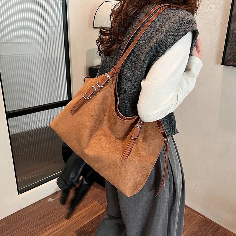 Quality Solid Faux Suede Shoulder Bag Buckle Decorative Large Capacity Hasp Casual Tote Hot Sale Bags for Women