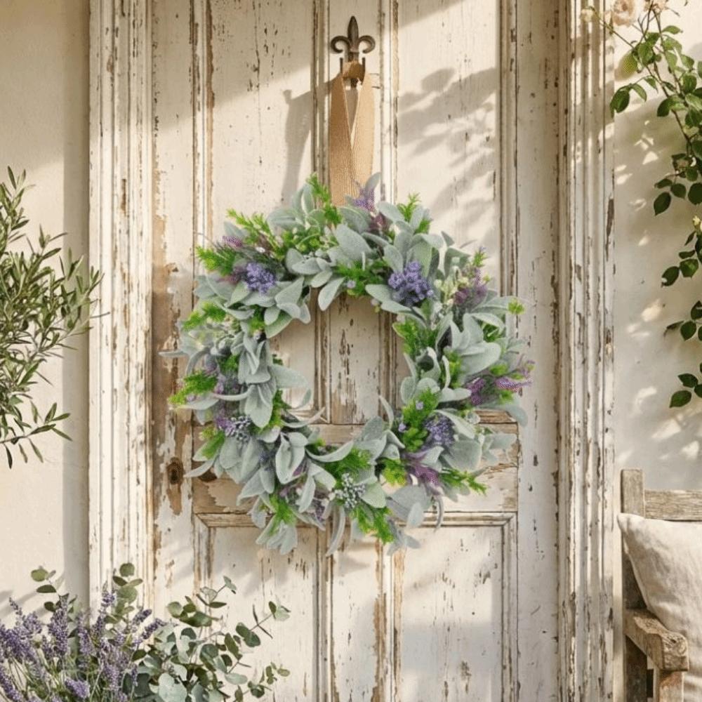 Flocked Lambs Ear Lavender Wreath Lifelike Artificial Wreath Door Hanging Wreath  Indoor Outdoor