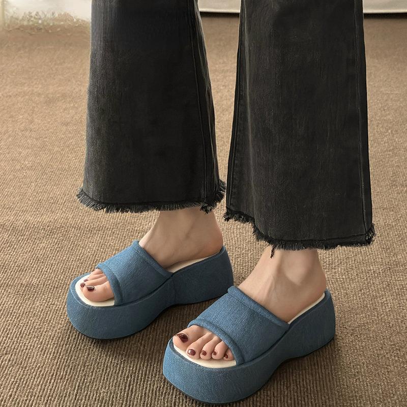 Summer Denim Blue Slippers Fashion Open Toe Women Slides Ladies Comfort Thick Sole Wedges Beach Vacation Sandalias Flip Flop