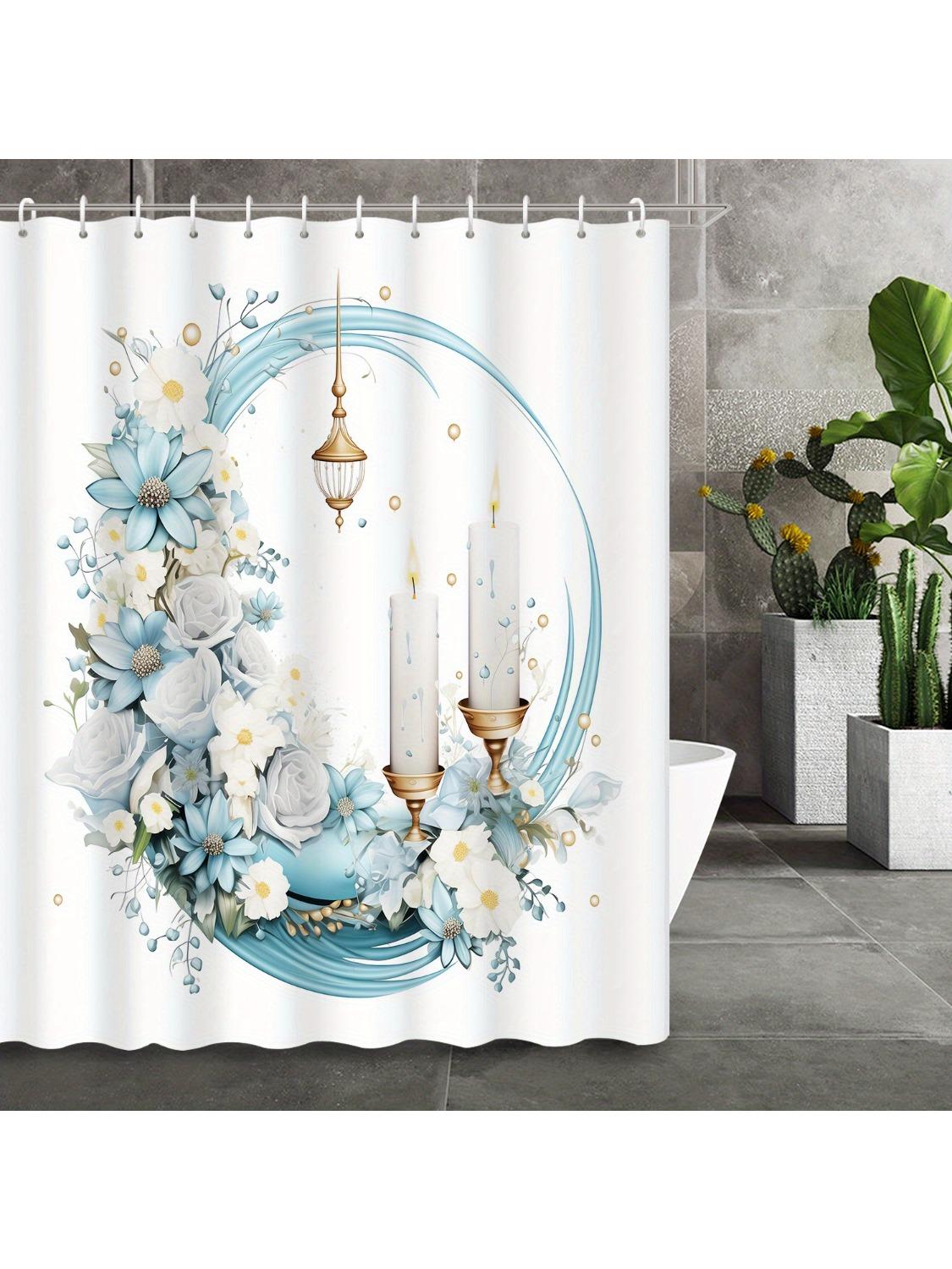 

Hanukkah White Candle & Floral Shower Curtain with 12 Hooks - Romantic Flower Design for Bathroom Decoration W90xH180cm