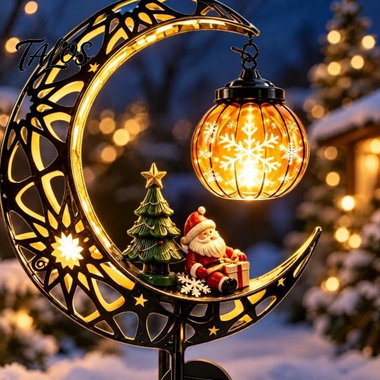 Pathway Decor with Solar Power Christmas Moon Light, Santa Snowman Crescent Garden Stake Warm Energy Saving Yard Stakes LED Glow, Festive Light