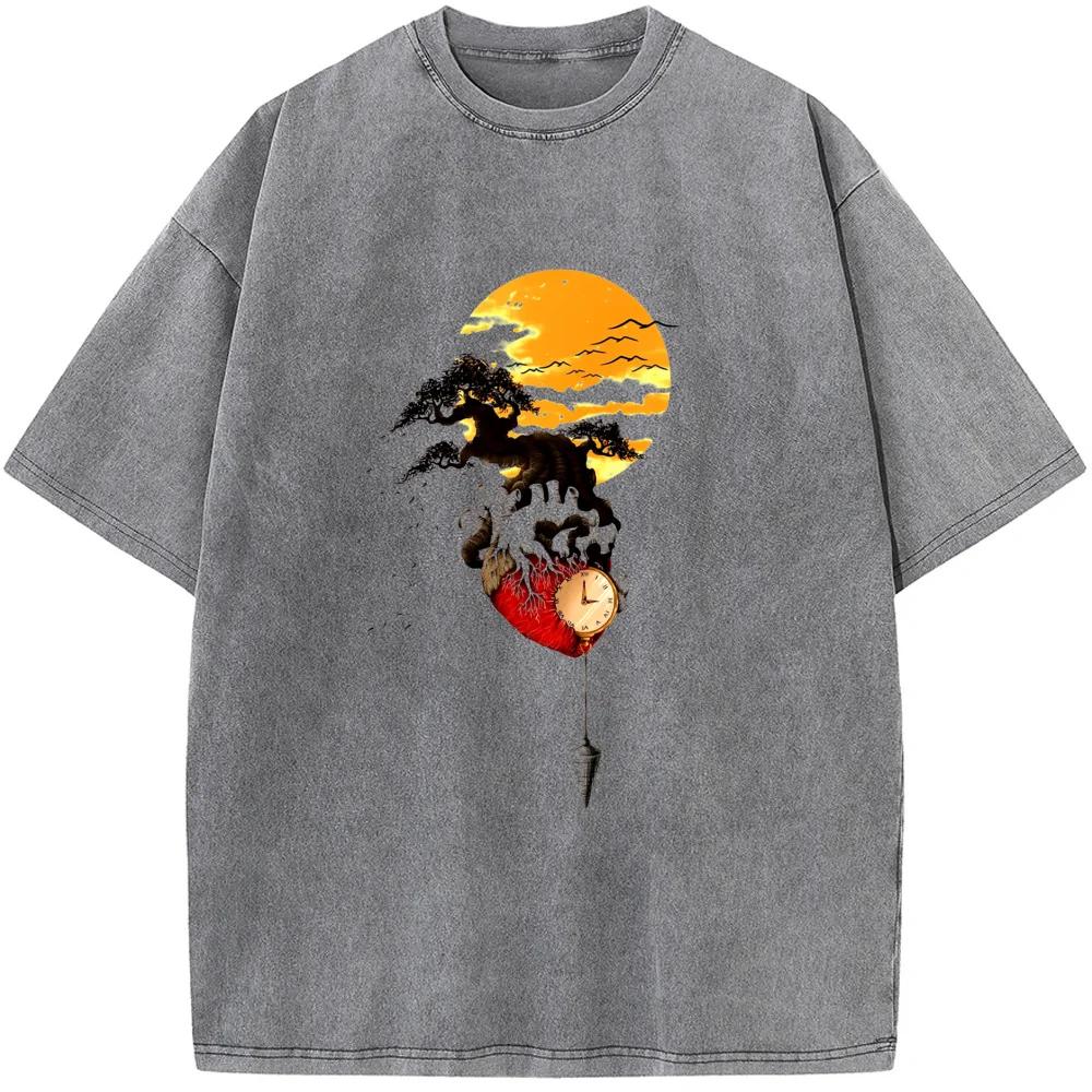 Time Sunset Mountain Men Women Washed T-Shirt Cotton Funny Loose Bleached Tshirt Retro Bleach T shirt Tops Tee