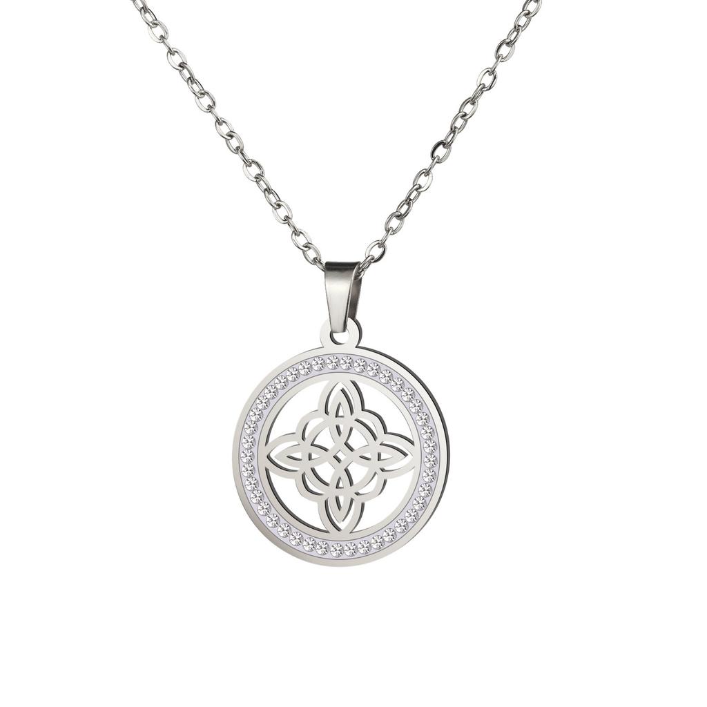 Double Layer Titanium Steel Miko Knot Pendant Necklace with Circle Diamond Accents Simple Fashion Jewelry