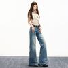 Frühling Sommer Niedrige Taille Slub Stretch Vintage Helle Farbe Gerade Leichte Schlag Jeanshosen Für Damen Freizeit Hosen Übergröße Jeanshosen