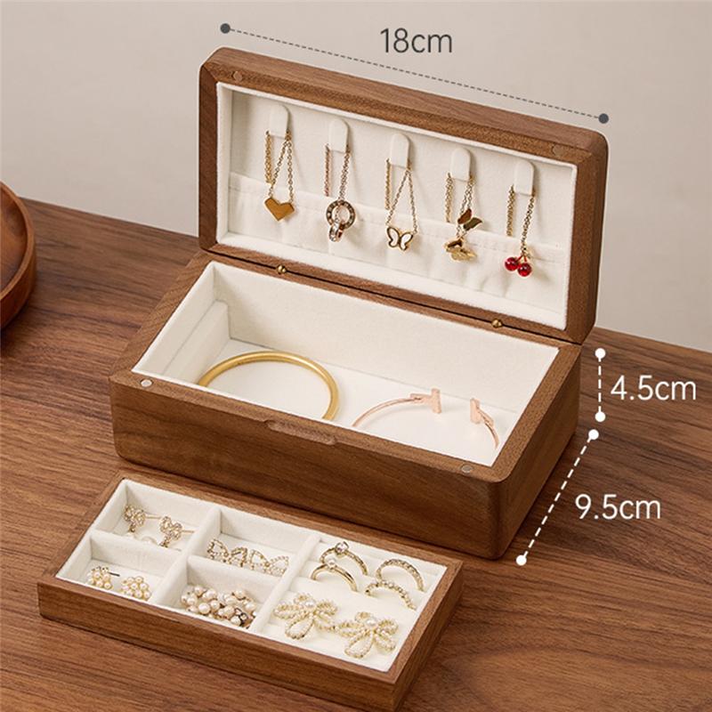 B97A-Jewelry Box Double-Layer Wooden Case Earring Necklace Bracelet Storage Organizer Wedding Gift In Walnut Wood