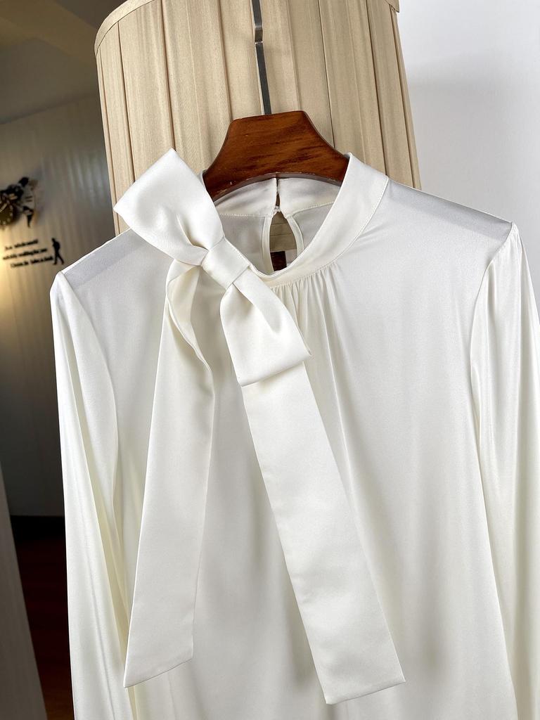 Women's Elegant Stand Collar Silk Bow Blouse, Long Sleeve, Mulberry Silk Ribbon, Commuting Style