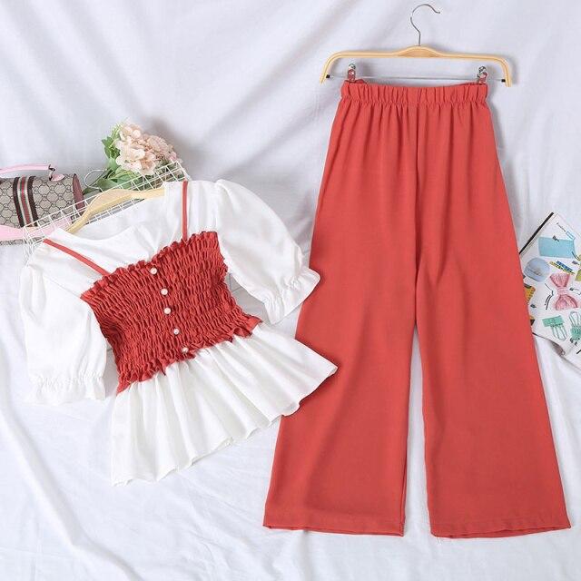 

Женский костюм, летняя мода, широкие брюки, укороченный топ на бретельках с короткими рукавами, спортивный костюм из двух предметов S