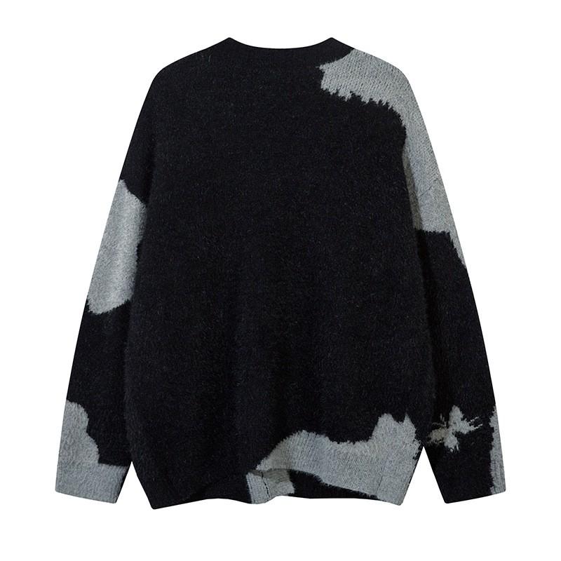 Unisex Oversized V-Neck Knit Cardigan With Contrast Jacquard Streetwear Casual Winter Sweater