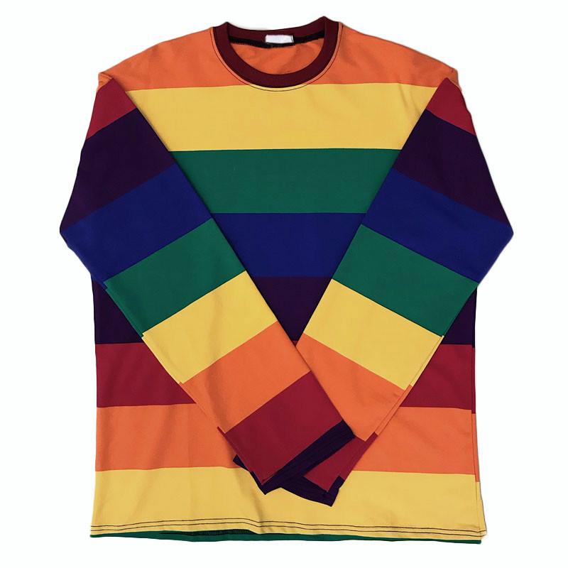 Scione Rainbow Striped Women T Shirts Harajuku Female Tops Long Sleeves Oversize O-Neck Casual T-shirts