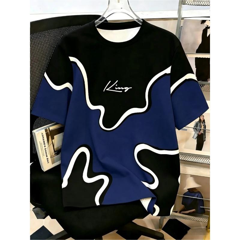 European and American men's summer spliced striped letter print soft and breathable round neck T-shirt outdoor casual top