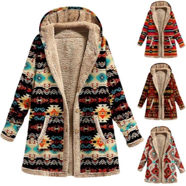 Hooded Warm Women's Fleece Coat Plus Size Loose Long Winter Outwear Printed Retro Pockets