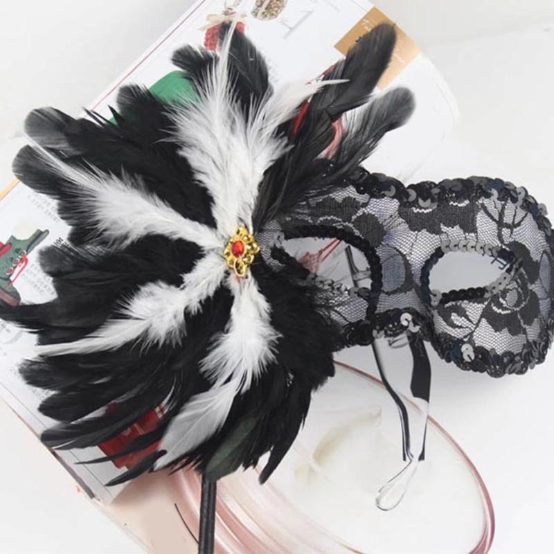 Feather Masquerade Mask with Stick for Women, Lace Eyemask Masquerade Half Face Mask Masquerade Costume Accessories