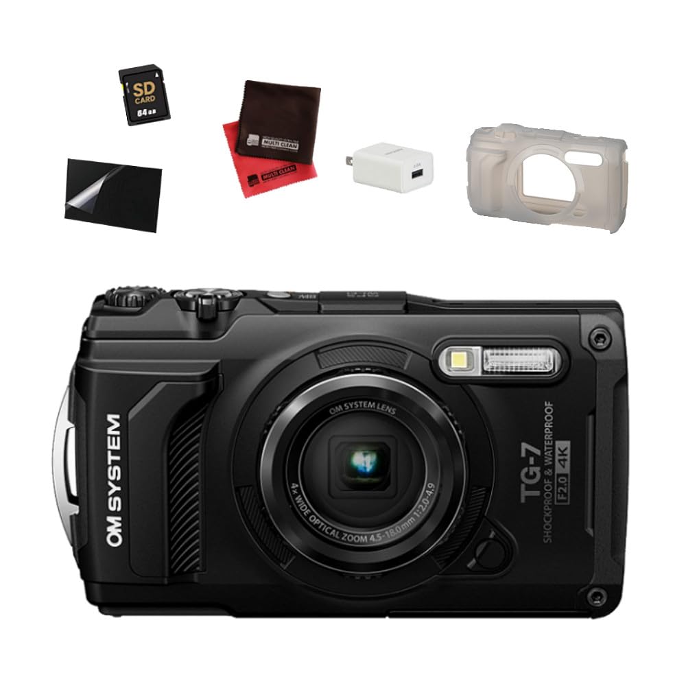 

OM System Tough Digital Camera Black Silicone Jacket SD64GB Cloth AC Charger LCD Film Set TG-7 & & & & & чорний