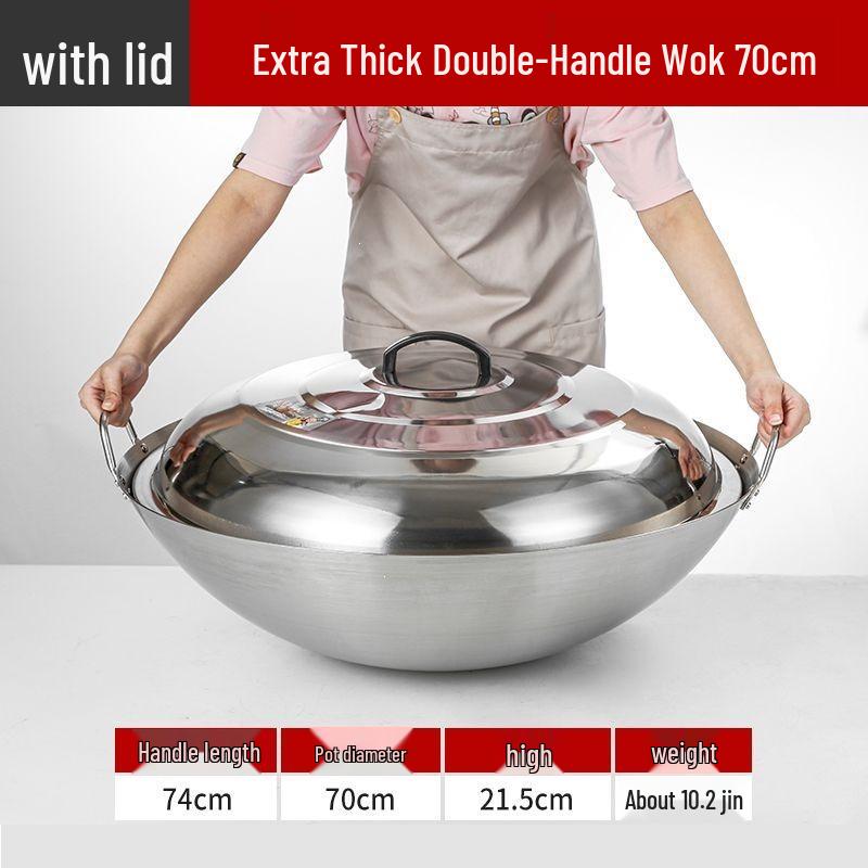 Extra Thick Stainless Steel Double Ear Wok - Large Round Bottom Pot for Commercial Kitchens, Gas Stove Compatible