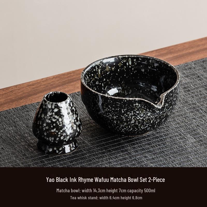 Handcrafted Kiln-Fired Ceramic Matcha Bowl Set: Japanese Matcha Whisking Bowl with Imitation Song Dynasty Dot Design Stand.