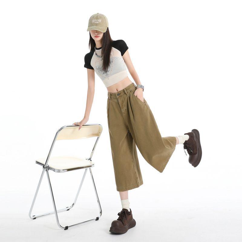 Street Style Washed Pleated Pocket Casual Pants For Women Loose Wide Leg Cropped Capri Pants Versatile Loose Straight Slimming FigureFlattering Design