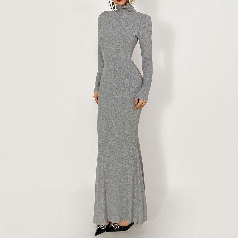 Beflocktes Schwarzes Lotos-Fischschwanzkleid mit Pelzfutter – Damen Herbst/Winter Schlanke Passform, Hoher Kragen, Langes Kleid