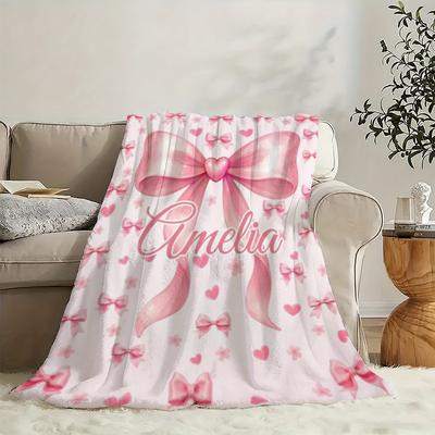 Personalized Custom Name Pink Bow Blanket, Warm And Comfortable Fleece Throw, Suitable for Outdoor, Travel, Camping, Perfect Holiday Gift for Family A