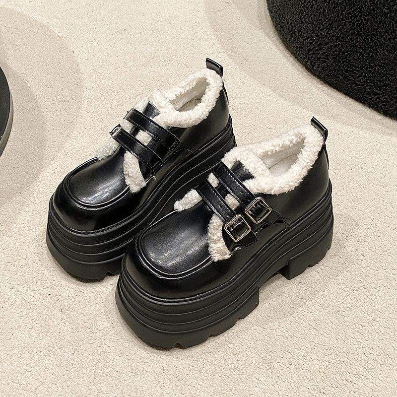 Heel Small Leather Shoes Women's Velvet 2025 New Autumn and Winter Outer Wear Shoes Fluffy Cotton Shoes British Platform Loafers