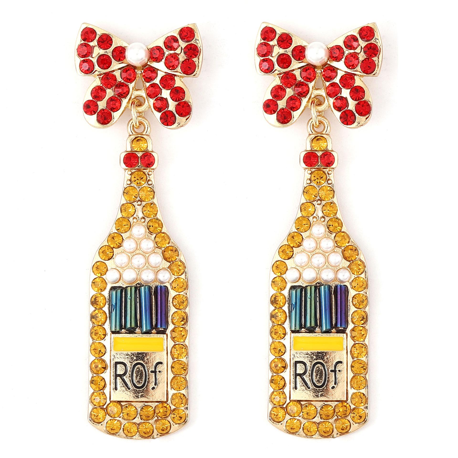 European and American new fresh pearl earrings, alloy inlaid with colored diamonds, bow wine bottle earrings, high-end champagne earrings, women