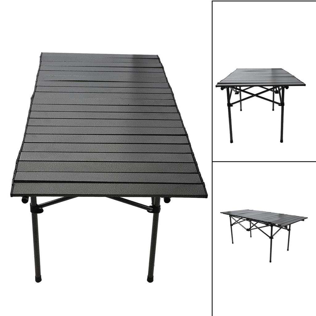 Folding Camping Table Black Spacious Storage Basket 47.24in Carbon Steel Portable Roll Up Outdoor Table for Backyard BBQ Party