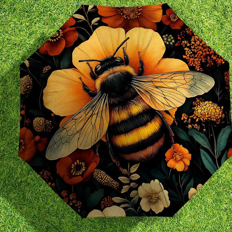 1pc Bee Flowers Automatic Folding Umbrella, Heavy Duty 8 Rib Iron Frame,  Suitable for Travel, Daily Use, Birthday, Decor Gift M0104067