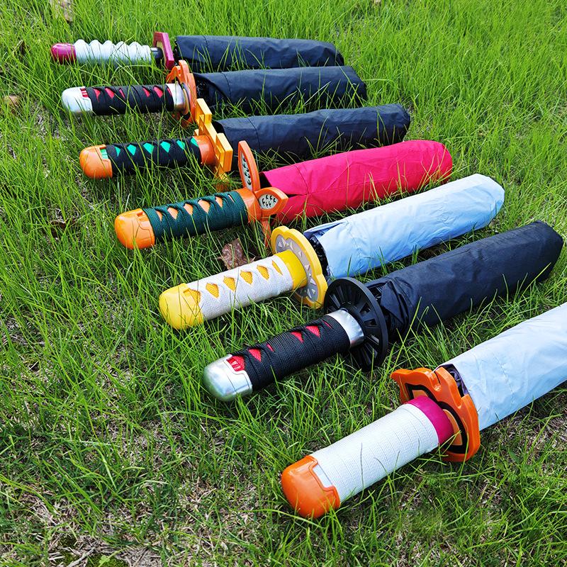 Long Kamado Tanjirou Katana Umbrella Handle UV Blocking Black Parasol Anime Demon Slayer Japanese Katana Sword Umbrella Raincoa