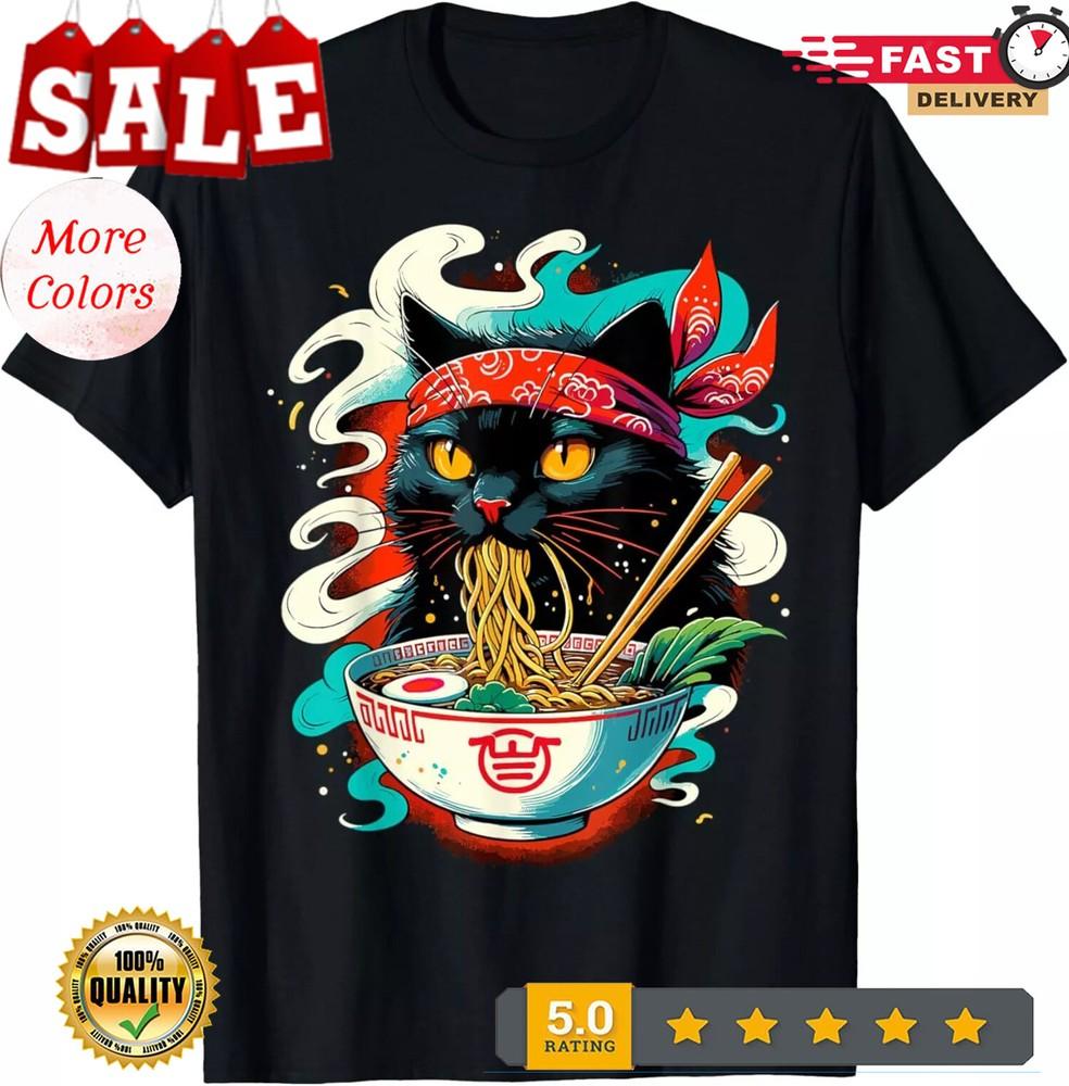 2025/Cat Ramen Noodle Japanese Anime Kawaii Cat T-Shirt Unisex T-Shirt L