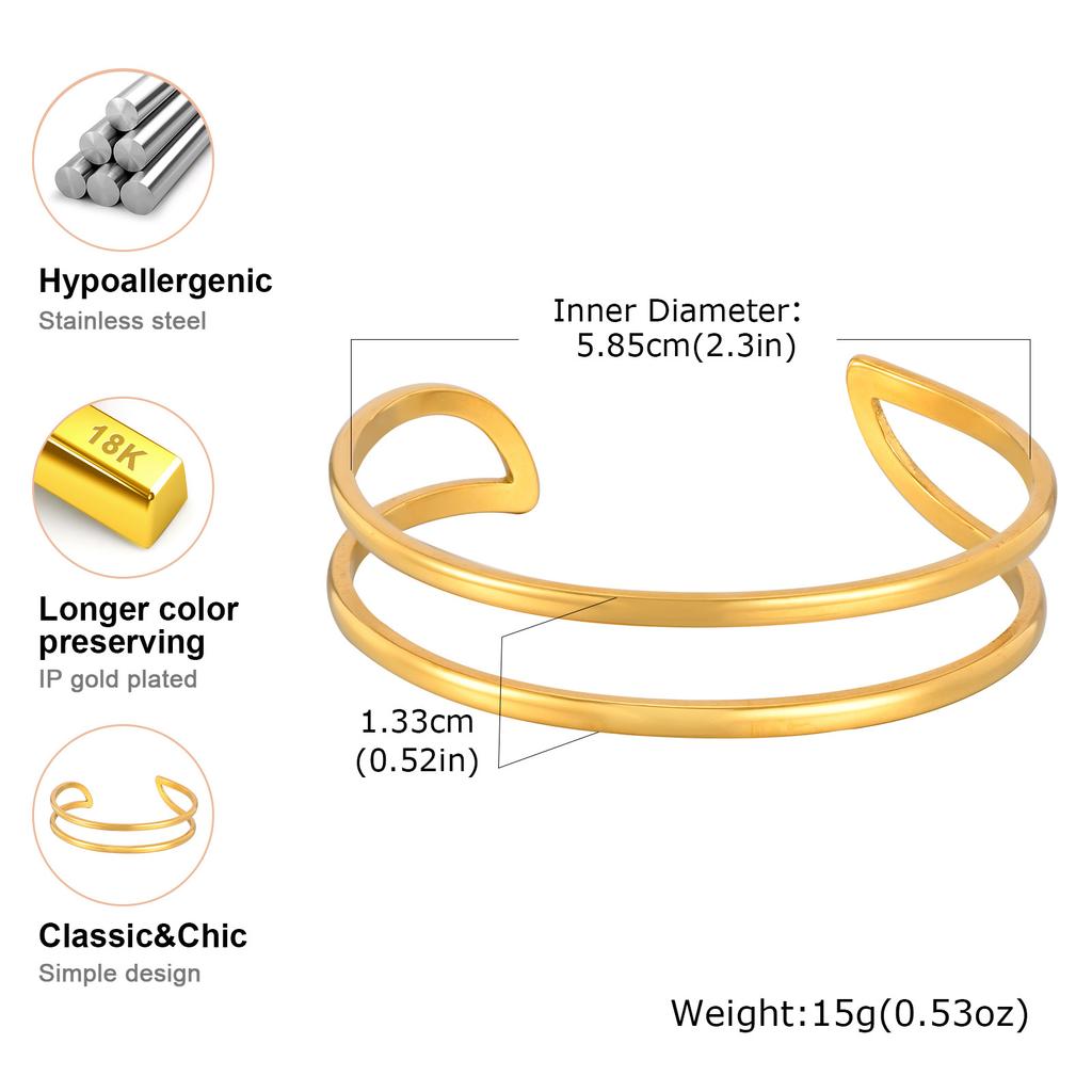 Vnox Minimalist Stainless Steel Double Cuff Bracelet, Geometric Aesthetics Gold Plated Bangles, Women's Hand Arm Jewelry Gifts