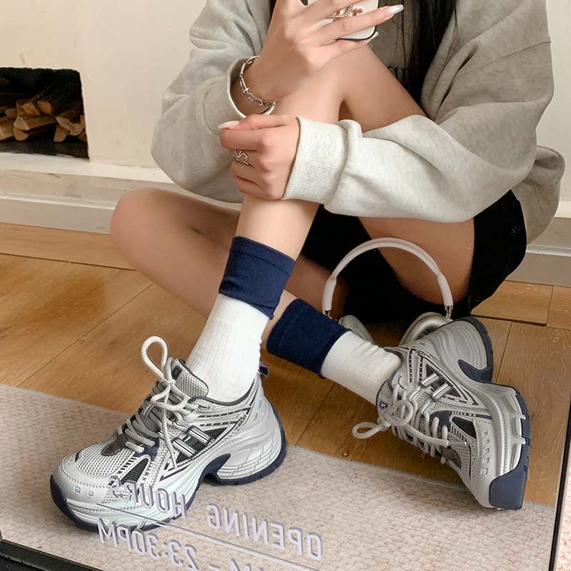 Krazing Pot Microfiber Mesh Spring Autumn Summer Sneakers Platform Lace Up Silver Color Sneakers Thick Bottom Women Fashion Shoes