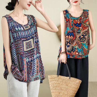 Sommer Plus Size Weste Ice Silk Baumwolle Loose Base Shirt Mittleres Alter Ältere Rundhals Top T-Shirts Damen