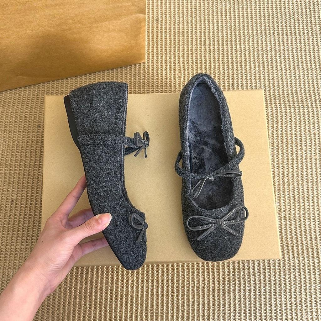 inner height-increasing bow fleece warm gray Mary Jane cotton shoes outer thick-soled fluffy shoes