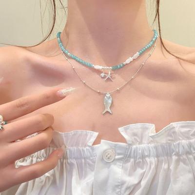 New Niche Design Shell Small Fish Starfish Blue Beaded Necklace Bracelet Matching Fresh Holiday Style