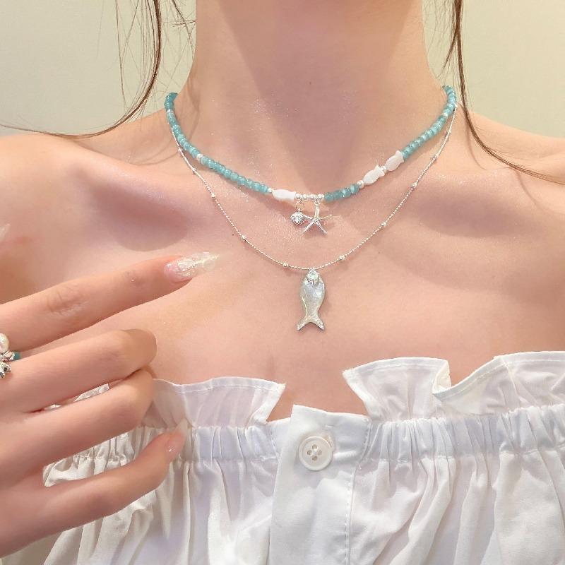 New niche design shell small fish starfish blue beaded necklace bracelet matching fresh holiday style