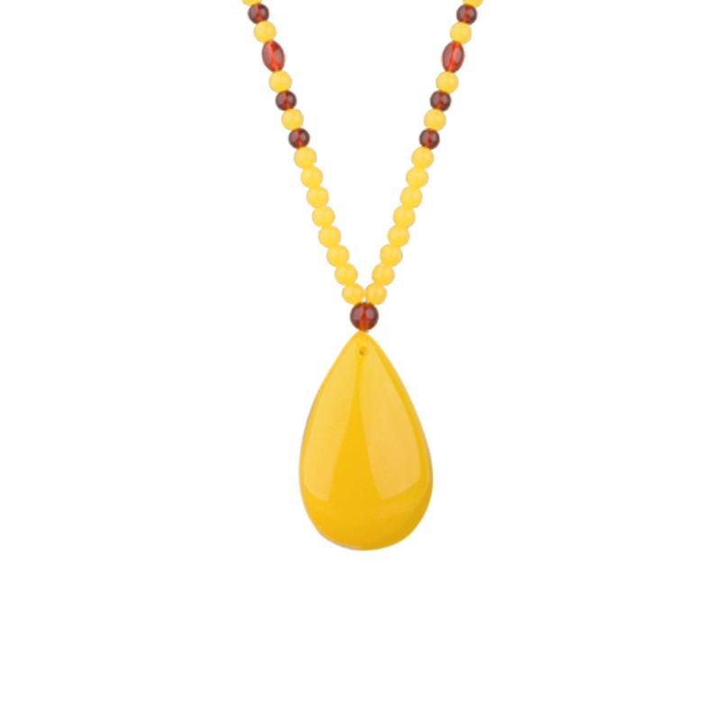 Resin Imitation Beeswax Water Drop Pendant Necklace - Ethnic Style Long Sweater Chain for Men & Women