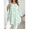 Plus Size Women Round Neck Split Flare 3/4 Sleeve Tunic Top, Light Green All Over Leaf Print Irregular Asymmetrical Hem Loose Blouse