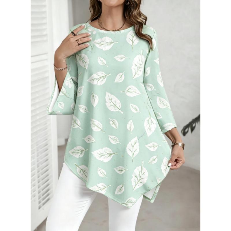 Plus Size Women Round Neck Split Flare 3/4 Sleeve Tunic Top, Light Green All Over Leaf Print Irregular Asymmetrical Hem Loose Blouse