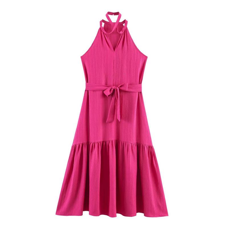 Spring 2026 European & American Style Halter Neck Waist-Cinched Elegant Dress Medium розы красного