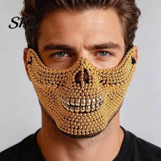 Unique Gothic Party Mask Halloween Skull Half Face Mask, Rhinestone Punk Knight Masquerade Prop Creative Costume with Adjustable Straps, Lightweight