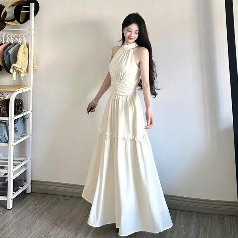 White Neck Dress Children's Summer New Small White Dress Seaside Vacation Sleeveless French Suspender Dress